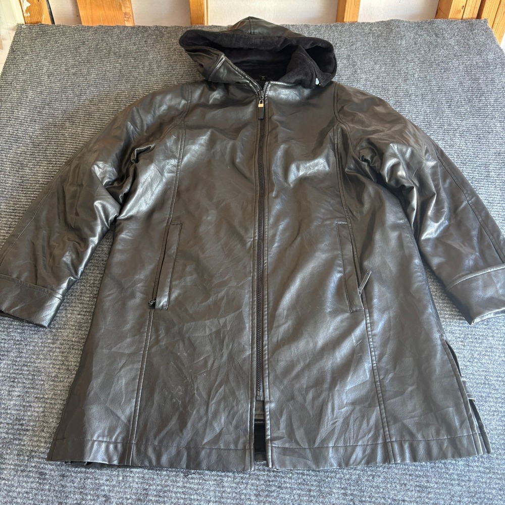 Nuage Womens Black Faux Leather Hooded Parka Jacket Fleece Lined Size S 423R-13